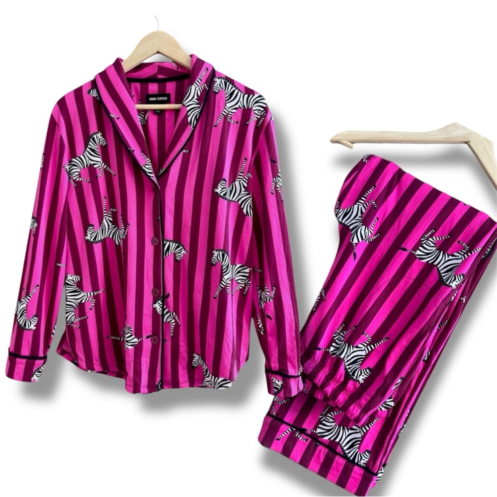 Room Service Pink Zebra Print Pajama Set Notch Collar Top - Picture 9 of 9